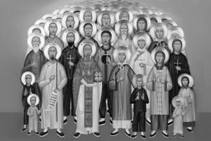 Biało-czarny obrazek przedstawiający grupę 120 Męczenników chińskich.