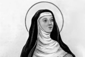 św. Teresa Portugalska Biało-czarny obraz św. Teresy Portugalskiej przedstawiający jej twarz.