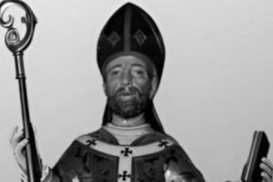 bł. Lanfrank Beccari Czarno-biała fotografia figury św. Lanfranka Beccariego w stroju liturgicznym.