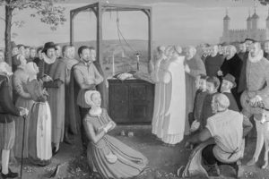 Historyczne przedstawienie egzekucji katolickich męczenników w Anglii w czasie reformacji; grupa duchownych i świeckich zgromadzona pod szubienicą w akcie modlitwy.