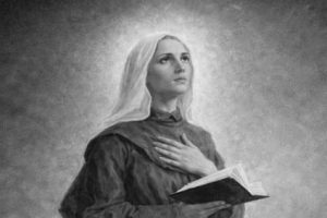 Błogosławiona Paula Gambara Costa przedstawiona w modlitwie, klasyczny portret religijny w odcieniach szarości