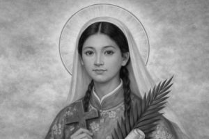 2801-sw-agata-lin-zhao-portret-czarno-bialy Święta Agata Lin Zhao – czarno-biały portret męczennicy z krzyżem i palmą