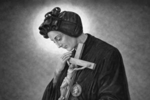 św. Magdalena de Canossa Czarno-biały portret świętej Magdaleny de Canossa trzymającej krucyfiks
