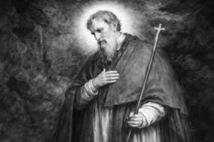 św. Makary Armeński Czarno-biały portret świętego Makarego Armeńskiego z aureolą i pastorałem