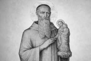 św. Robert z Chaise Dieu Święty Robert z Chaise-Dieu – benedyktyński opat z Owernii trzyma figurę Matki Bożej z Dzieciątkiem, klasyczna grafika sakralna na jasnym tle.