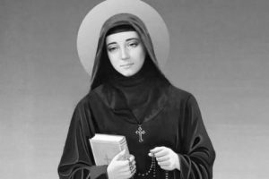 Rebeka (Rafka) Ar-Rayyās z Himlaya Święta Rafqa Ar-Rayyās w habicie maronickim, portret czarno-biały z księgą i różańcem