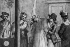 bł. Renata Maria Feillatreau Biało-czarna ilustracja męczeńskiej śmierci bł. Renaty Marii Feillatreau
