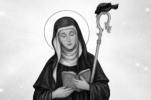 święta Oportuna benedyktyńska przeorysza z księgą i pastorałem czarno biała ilustracja religijna