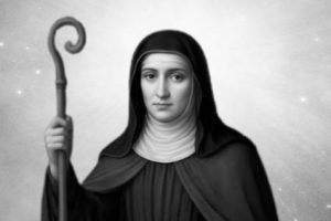 św. Senorina z Basto święta Senorina z Basto portugalska benedyktynka z pastorałem, czarno-biała ilustracja religijna