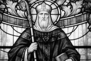św. Daniel z Bangor Czarno-biały witraż przedstawiający św. Daniela z Bangor w szatach biskupich, z pastorałem i księgą.