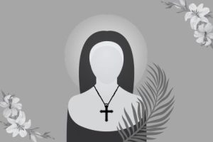 Dziewica, zakonnica i męczennica Obrazek zastępczy przedstawiający postać zakonnicy z palmą symbolem męczeństwa i liliami symbolem czystości.