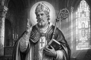 Biało-czarna ilustracja św. Sacerdota z Limoges we wnętrzu kościoła