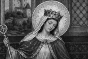 Błogosławiona Gizela Węgierska w koronie i welonie, ukazana w czarno-białym portrecie z pastorałem.