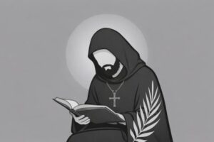 Obrazek zastępczy przedstawiający postać mnicha/opata z księgą i palmą męczeństwa