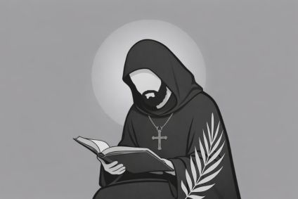 Obrazek zastępczy przedstawiający postać mnicha/opata z księgą i palmą męczeństwa