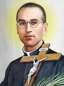 Bł. Franciszek Drzewiecki, orionista na portrecie z krzyżem i palmą męczeństwa.