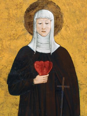 Św. Klara z Montefalco z sercem i krzyżem - współczesna ikona na złotym tle.