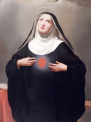 św. Klara z Montefalco z uniesionym wzrokiem i sercem na piersi.
