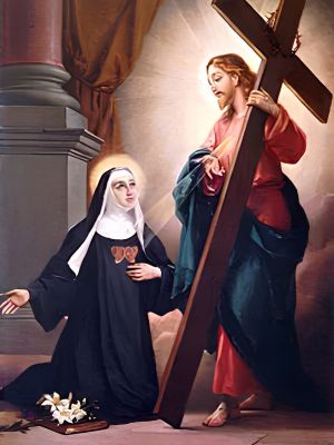 Św. Klara z Montefalco klęcząca przed Chrystusem z krzyżem.