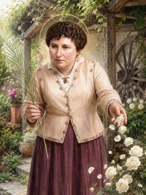 Bł. Maria Climent Mateu, hiszpańska męczennica z gałązką palmową w ręku w otoczeniu róż i innych kwiatów.