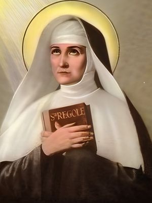Święta Joanna Antyda Thouret portret w habicie z księgą reguł zakonnych w dłoniach.