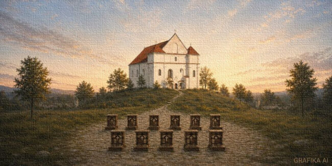 Artystyczne przedstawienie kościoła farnego w Nowogródku, a przed nim jedenaście pustych, symbolicznych klęczników
