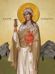 Ikonę św. Wereny z Zurzach (saint Verena), wczesnochrześcijańskiej świętej z IV wieku z grzebieniem i dzbanem.