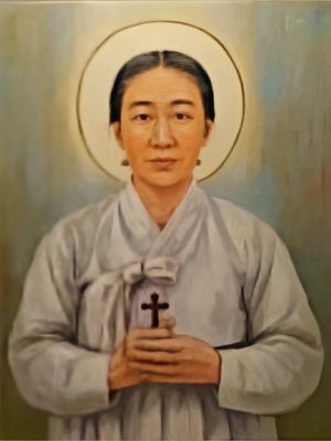 Święta Agata Yi Kan-nan portret koreańskiej męczennicy z krzyżem w dłoniach.