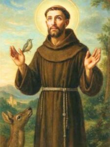 Święty Franciszek z Asyżu w habicie zakonnym, aureolą i stygmatami na dłoniach.