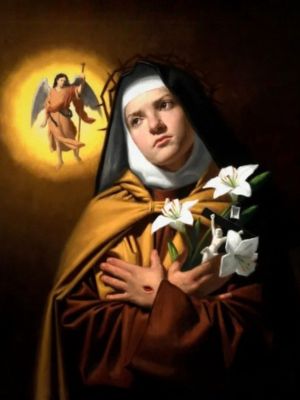 Święta Maria Franciszka od Pięciu Ran trzymająca białe lilie i krucyfiks, z widocznym stygmatem na dłoni oraz aniołem w tle.