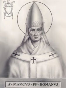 Historyczny portret świętego papieża Marka I z podpisem w języku łacińskim i herbem.
