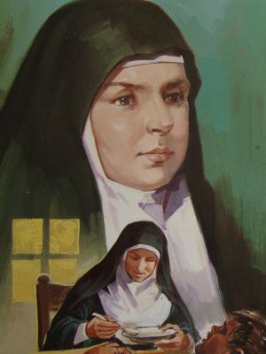 Święta Maria Soledad Torres Acosta kolaż na głównym planie twarz świętej a poniżej święta karmi chorego.