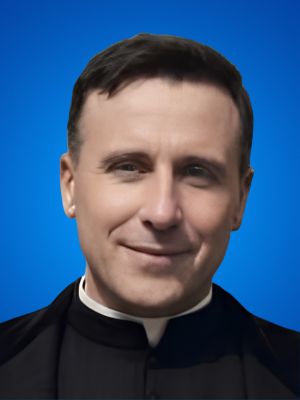 Bł. Eliasz Comini, zdjęcie kapłana na niebieskim tle.