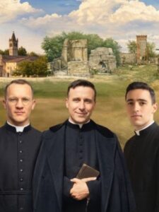 Błogosławieni Męczennicy z Monte Sole - kapłani na tle zabudowań.