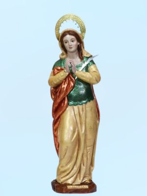 Święta Alodia figura na jasnym tle. Postać ze złożonymi dłoniami, aureolą i gałązką palmową.